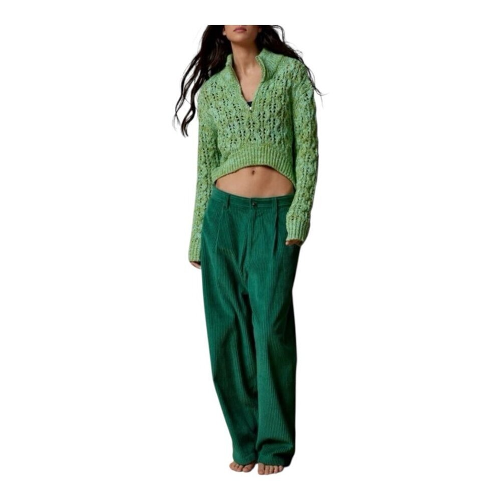 Urban Outfitters BDG Killian Quarter Zip Sweater Large Green Chunky Knit Cropped